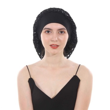 DuoZan Vintage Elastic Wide Band Snood Bonnet Double Layered Hair Net Night Sleep Hat Crocheted Slouchy Beanie (Black)