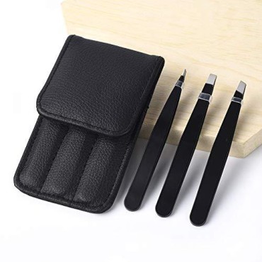3Pcs Professional Stainless Steel Eyebrow Hair Removal Tweezer Set Brow Remover Tweezer Clips Beauty Tools with PU Leather Travel Case for Women and Girls, Black