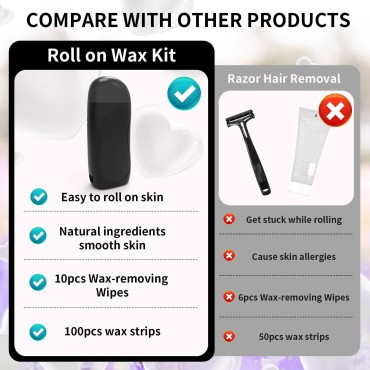 Roll on Wax Kit, Wax Roller Kit, Roll on Wax Warmer for Hair Removal, Roll on Wax for Larger Areas of the Body, At Home Waxing Kit for Women and Men