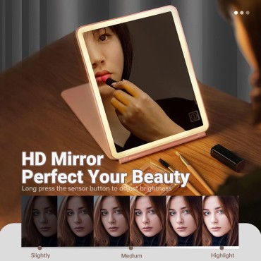 GcSige Rechargeable Travel Vanity Mirror with Lights,Portable Lighted Makeup Beauty Mirror, 3 Color Lighting Modes, Dimmable Touch Screen, Tabletop LED Folding Cosmetic Mirror,11 Inch