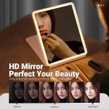 GcSige Rechargeable Travel Vanity Mirror with Lights,Portable Lighted Makeup Beauty Mirror, 3 Color Lighting Modes, Dimmable Touch Screen, Tabletop LED Folding Cosmetic Mirror,11 Inch