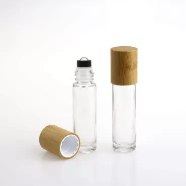 USRommaner 5 Pack 10ml Bamboo Roller Bottle for Essential Oils,Empty Clear Glass Roll On Bottle With Stainless Steel Roller Balls Travel Vial Essential Oil Roller Container-Pipette&funnel Included