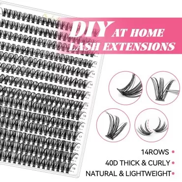 Lash Extension Kit DIY Individual Lash Clusters(280Pcs 40D Mix 12-18mm) with Lash Bond and Seal USB Portable Lash Fan 150ml/5.07fl.oz Lash Shampoo Tweezers Applicator Mascara Brush