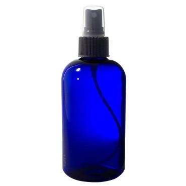 JUVITUS Cobalt Blue 8 oz Boston Round PET Plastic Bottles (BPA Free) with Black Fine Mist Spray (12 pack) + Labels