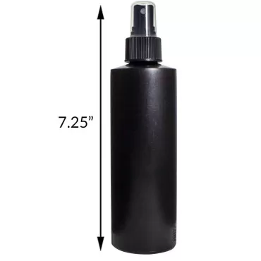 JUVITUS 8 oz Black Squeeze Cylinder Plastic Bottle with Black Fine Mist Spray (6 Pack) + Labels