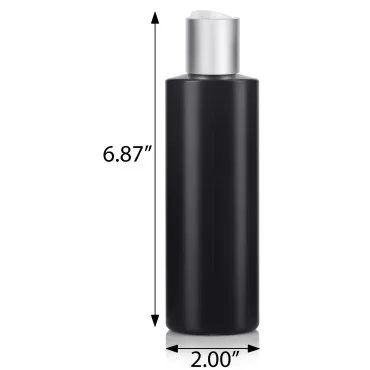 JUVITUS 8 oz Black Squeeze Cylinder Plastic (BPA Free) Bottle with Silver Smooth Disc Caps (6 Pack)