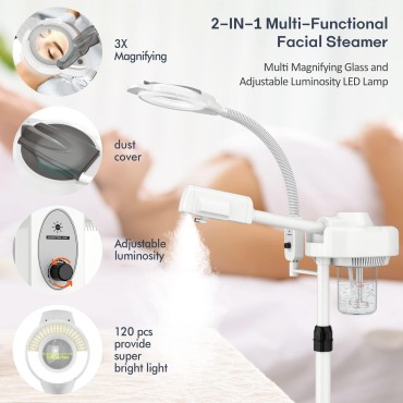 KINGSTEAM Professional Facial Steamer & Magnifying Lamp 2-in-1 Powerful Steam Face Steamer with 3X Magnifying Lamp for Salon, Spa, Estheticians - Ozone Steamer for Flawless Skin - Commercial Grade