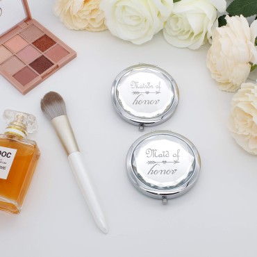 2 Pack Bridesmaid Proposal Gifts,1 Maid of Honor mirror 1 Matron of Honor mirror,Crystal Pocket Compact Makeup Mirror Wedding Bridesmaid Gifts Bachelorette Party Gifts for Bride (silver)
