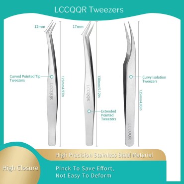 LCCQQR Eyelash Extension Tweezers, Stainless Steel 3Pcs Set Precision Eyelash Tweezers. Professional Lash Tweezers for Volume & Individual Lash Extensions.
