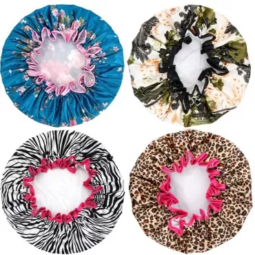 Lofekea Waterproof Shower Cap, 4 Pack Shower Caps for Women, Elastic Reusable Bath Hair Cap for Shower, Adjustable Double Layered Waterproof Bathing Shower Hat