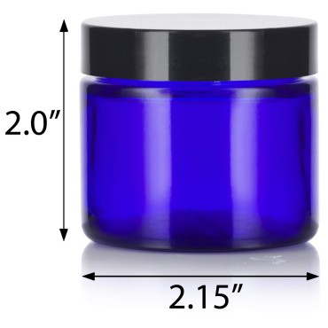 JUVITUS Cobalt Blue Glass Straight Sided Jar With Black Smooth Lids - 2 oz / 60 ml Airtight, Smell Proof, BPA Free (2 pack)