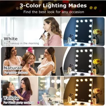 Despful Vanity Mirror with Lights, Hollywood Lighted Makeup Mirror with 3 Color Modes and 12 Dimmable Diamond LED Light Bulbs, 360° Rotation, Touch Control, White