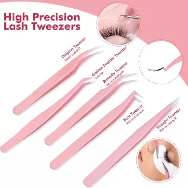 5 Pieces Eyelash Tweezers Sets, High Precision Sta...