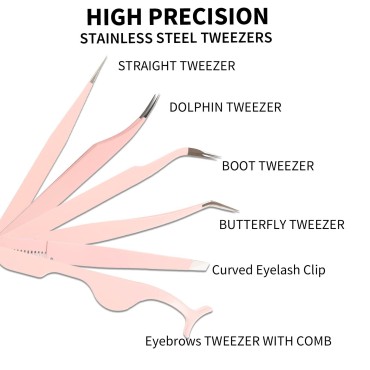 ECam 6 Pcs Eyelash Extension Tweezers, Stainless Steel Straight Lash Tweezers, Curved Tip Tweezers, Volume Lash Tweezers, Eyebrow Tweezers for Eyebrow Hair, False Eyelash Clip (Pink)