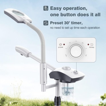 KINGSTEAM Professional Facial Steamer, 2 in 1 Ozone Facial Steamer on Wheels with 3X Magnifying Lamp, Time Preset Function Design for Face Sauna Spa and Personal Care Use at Home (JY-201 White)