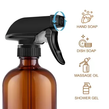 HE DAO 16oz Refillable Amber Glass Spray Bottles - 2 Pack - Ideal for Essential Oils, Plant Care, Cleaning Solutions, Hair Mist - Sturdy Nozzle with Fine Mist and Stream Settings