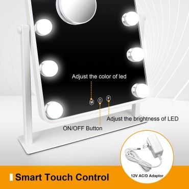 Vanity Mirror with Lights with Phone Holde, Hollywood Mirror Lighted Makeup Mirror with 12 Dimmable LED Bulbles, 3 Color Lighting Modes Detachable 10X Magnification Mirror