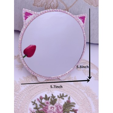 Jxiaoyumio Bling Rhinestone Makeup Mirror Cut Cat Mirror Wood Table Vanity Cosmetic Mirror for Tabletop Travel Hand Mirror Meaningful Gift for Girls Women Pink