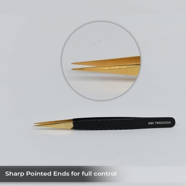 2pcs Black Straight and L-Shaped (Boot) Gold Pointed Eyelash Tweezers for Lash Extension - Stainless Steel Precision Tweezers for Volume and Classic Lashes - False Eyelash Extension Kit.