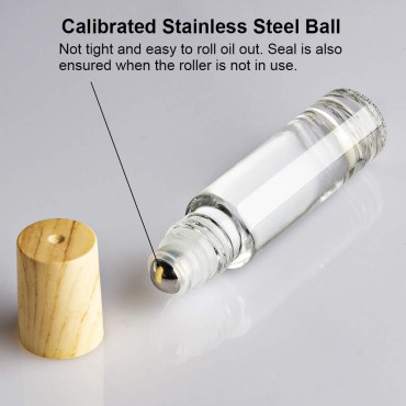 Tomorotec 20-Pack 10mL Ultra Thick Clear Glass Essential Oil Roller Bottles w/Wood Grain Plastic Caps Value Set 2 Openers & 3 Pipettes, Stainless Steel Rollerball Applicators