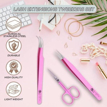 BeautyPros Lash Tweezers for Eyelash Extensions -Tweezer Set Straight & Curved Tweezers With Eyebrows Scissor - 3 Pieces Lash Extension Kit Stainless Steel (Pink)