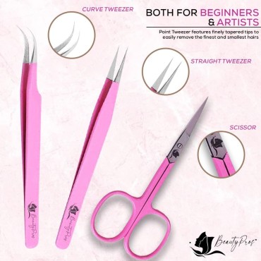 BeautyPros Lash Tweezers for Eyelash Extensions -Tweezer Set Straight & Curved Tweezers With Eyebrows Scissor - 3 Pieces Lash Extension Kit Stainless Steel (Pink)