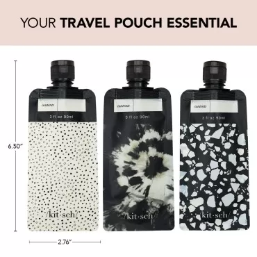 Kitsch Travel Containers - Leak Proof Refillable Squeeze Pouches | TSA Approved Travel Pouches for Toiletries & Shampoo | Travel Liquid Container | Holiday Gift | Travel Tubes, 3oz (Black Ivory)
