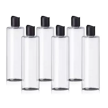 ljdeals 8 oz Clear Plastic Empty Bottles with Black Disc Top Caps, Refillable Cylinder Containers for Shampoo, Lotions, Cream and more… Pack of 6, BPA Free, Made in USA