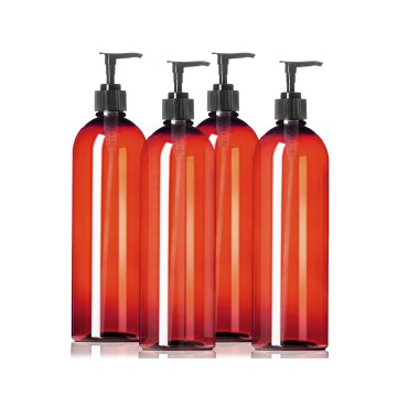 ljdeals 32 oz Amber Plastic Bottles with Pump, Soap Dispenser, Slim, Tall Squeezable Refillable Containers for Shampoo, Lotion, Cream and More… Pack of 4, BPA Free, Made in USA