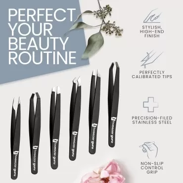 Tweezer Guru Eyebrow Tweezer Set for Women & Men - Professional Slant and Pointed Tweezers Set with Case - Precision Tweezers Kit for Facial Hair, Splinter and Ingrown Hair Removal (6 Pack)