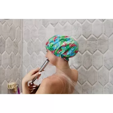 Dry Divas Designer Shower Cap - Washable, Reusable - Large Bouffant With Vintage Jeweled Brooch (Single And Ready To Fla-mingle)