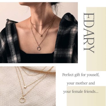 Edary Vintage Star Necklace Gold Layered Necklaces Rings Pendant for Women and Girls.