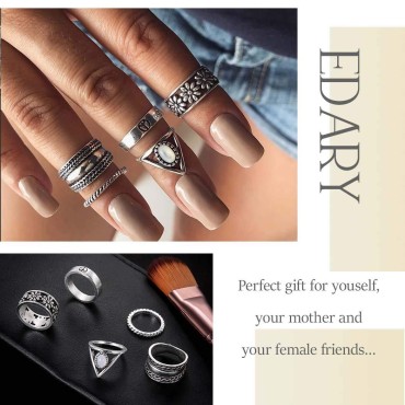 Edary Vintage Flower Carved Rings Pattern Ring Silver Joint Knuckle Rings Set for Women and Girls.(5PCS)