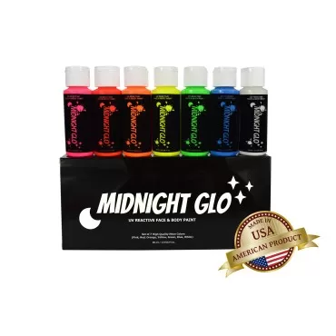 Midnight Glo UV Neon Face & Body Paint Glow Kit (7 Bottles 2 oz. Each) Black Light Reactive Fluorescent Paint - Safe, Washes Off Skin, Non-Toxic