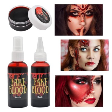 3 Pack Halloween Fake Blood Makeup Set - 1.05 oz Coagulated Blood Gel + 2.1 oz Fake Coagulated Blood Spray + 2.1 oz Dripping Fresh Blood, Realistic Washable Special Effects SFX Cosplay Accessories