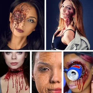 DELISOUL Scar Wax SFX Makeup Kit Halloween Fake Skin Prosthetic 3D Bloody Special Effect Party Cosplay Stage Fake Wound Molding Skin Wax with Spatula Tool,Stipple Sponge,1.1oz Coagulated Fake Blood