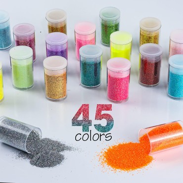 Ultra Fine Glitter for Nails, Set of 45 Colors, Extra Fine Resin Glitter Powder, Holographic & Iridescent Glitter for Epoxy Resin, Body Glitter for Face Hair, Arts and Crafts Glitter Bulk for Tumblers