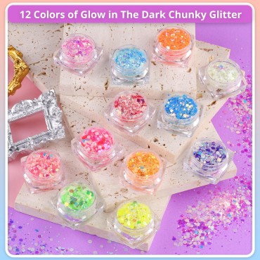 12 Colors Glow in The Dark Body Glitter Set 1, Holographic Glow Glitter with Makeup Glue for Body Face Eye Hair Nail Makeup, UV Black Night Chunky Glitter Sparkling Festival Rave Accessories