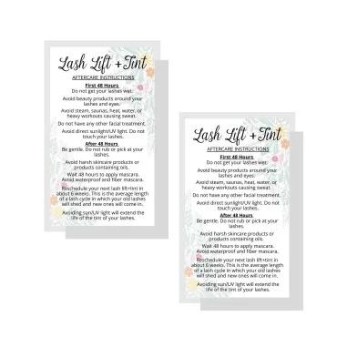 Lash Lift + Tint Aftercare Instruction Cards | 50 Pack | 2 x 3.5” inches Business Card Single Side | Eyelash Lift and Tint Kit at Home DIY aftercare Supplies | Floral 48 Hour Design (48 Hours)