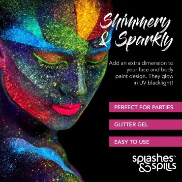 UV Glitter Body Paint Gel - 4 Colors Cosmetic Set for Girls, Women, Adults - 10 ml Tubes with Glowing Effect - Perfect for Dress Up, Festival, Costume Party, Halloween - by Splashes and Spills