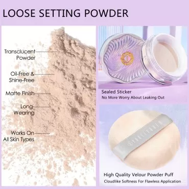 Loose Setting Powder, Lightweight Long-lasting Face Powder Makeup, Oil Control, Matte Finish, Translucent, Creates Soft Focus Effect, Minimizes Pores and Fine Lines, Nourish & Protect Skin