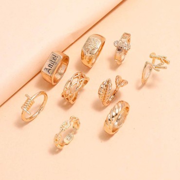 Xerling 9Pcs Letter Signet Knuckle Rings Heart Leaf Rings Flower Antlers Distorted Finger Ring Set for Women Girls Gold Joint Knuckle Ring Pack