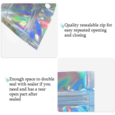 100pcs Resealable Holographic Mylar Bags 5.5x7.8 inch, Foil Zip Lock Sample Pouch Gift Baggies For Packaging Candy Jewelry Lash Lip Gloss