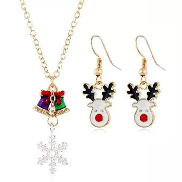 Gangel Christmas Necklace Earring Set Smowflake Bells Chain Elk Eardrop Dangle Earrings Studs Xmas Holiday Jewelry Set for Thanksgiving Christmas Sock Gifts for Women and Girls