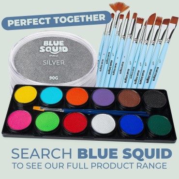 Blue Squid PRO Face Paint - Metallic Silver (90gm), Professional Water Based Single Cake Face & Body Paint Makeup Supplies for Adults Kids Halloween Facepaint SFX Water Activated Face Painting
