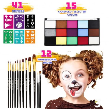 Face Painting Kit for Kids Adults, Water Activated Body Face Paint, Professional 15 Colors Water Based Facepaints Makeup Palette Includes 12 Pcs Brushes, Stencils, Non Toxic Sensitive Skin Paints
