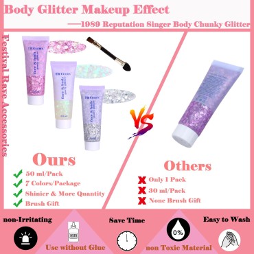 Body Face Chunky Glitter Gel: Pink White Silver Face Sparkles Glitter Gel Makeup for Singer Concerts Disco Festival Rave Accessories 150ml Chunky Sequins Mermaid Face Body Hair Glitter Gel