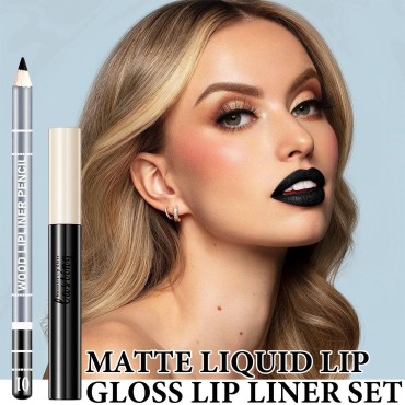 WENJLYJ 2 PCS Black Matte Liquid Lipstick & Lip Li...