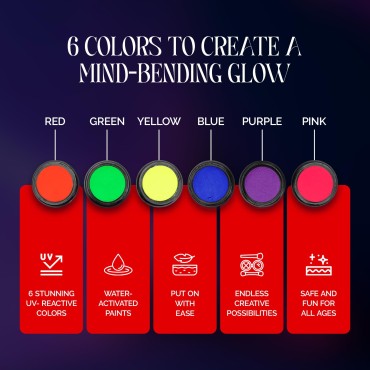 Body and Face Paint - 6 Pack UV Glow-In-The-Dark Body Paint with Red, Pink, Blue, Green, Yellow and Purple - Water Activated Alternative Makeup for Halloween, SFX and Festivals - Bloody Mary