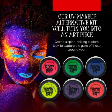 Body and Face Paint - 6 Pack UV Glow-In-The-Dark Body Paint with Red, Pink, Blue, Green, Yellow and Purple - Water Activated Alternative Makeup for Halloween, SFX and Festivals - Bloody Mary